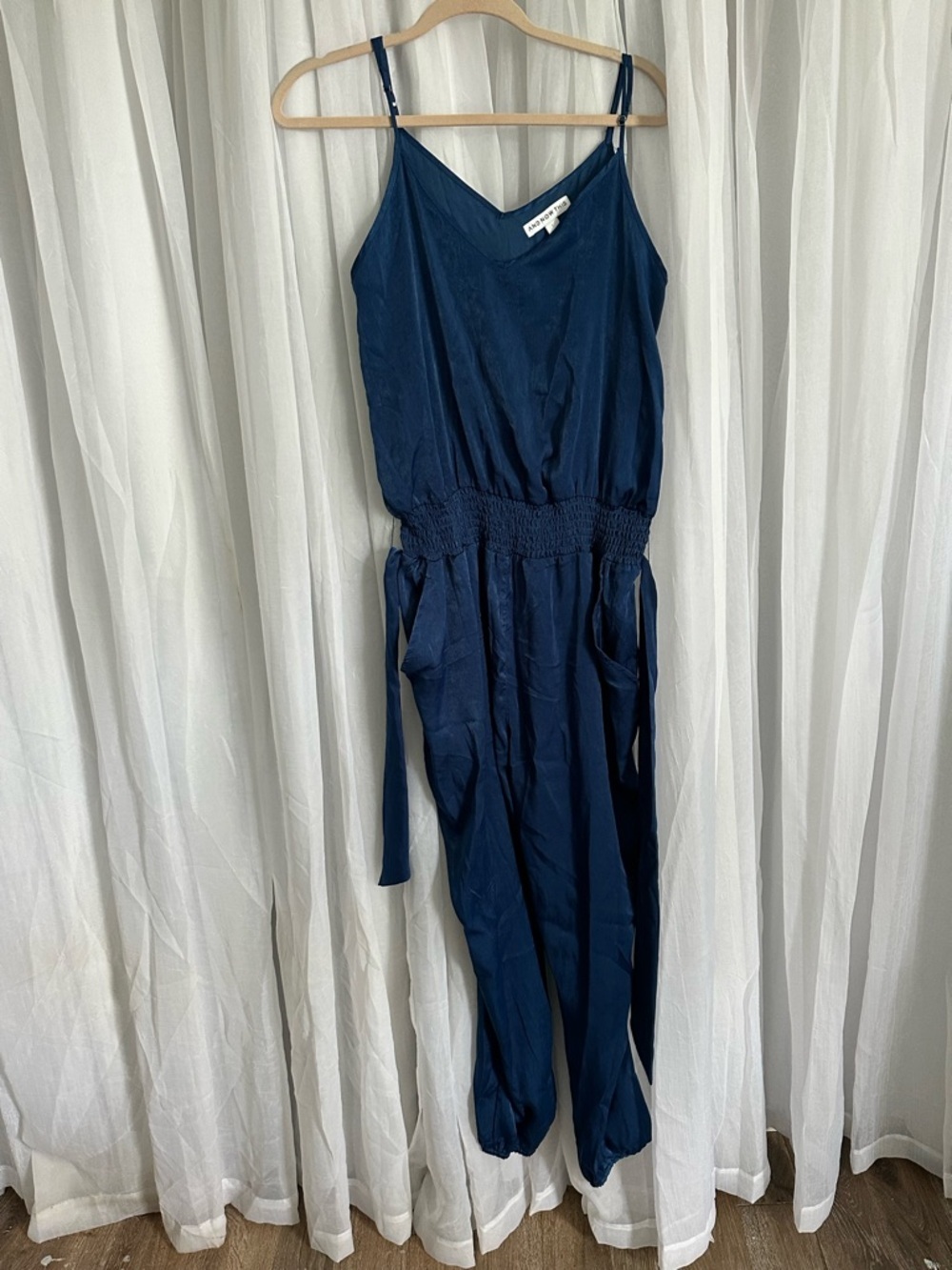 Jumpsuit in Navy Blue with Spaghetti Straps and gathered bottoms - Picture 1 of 16